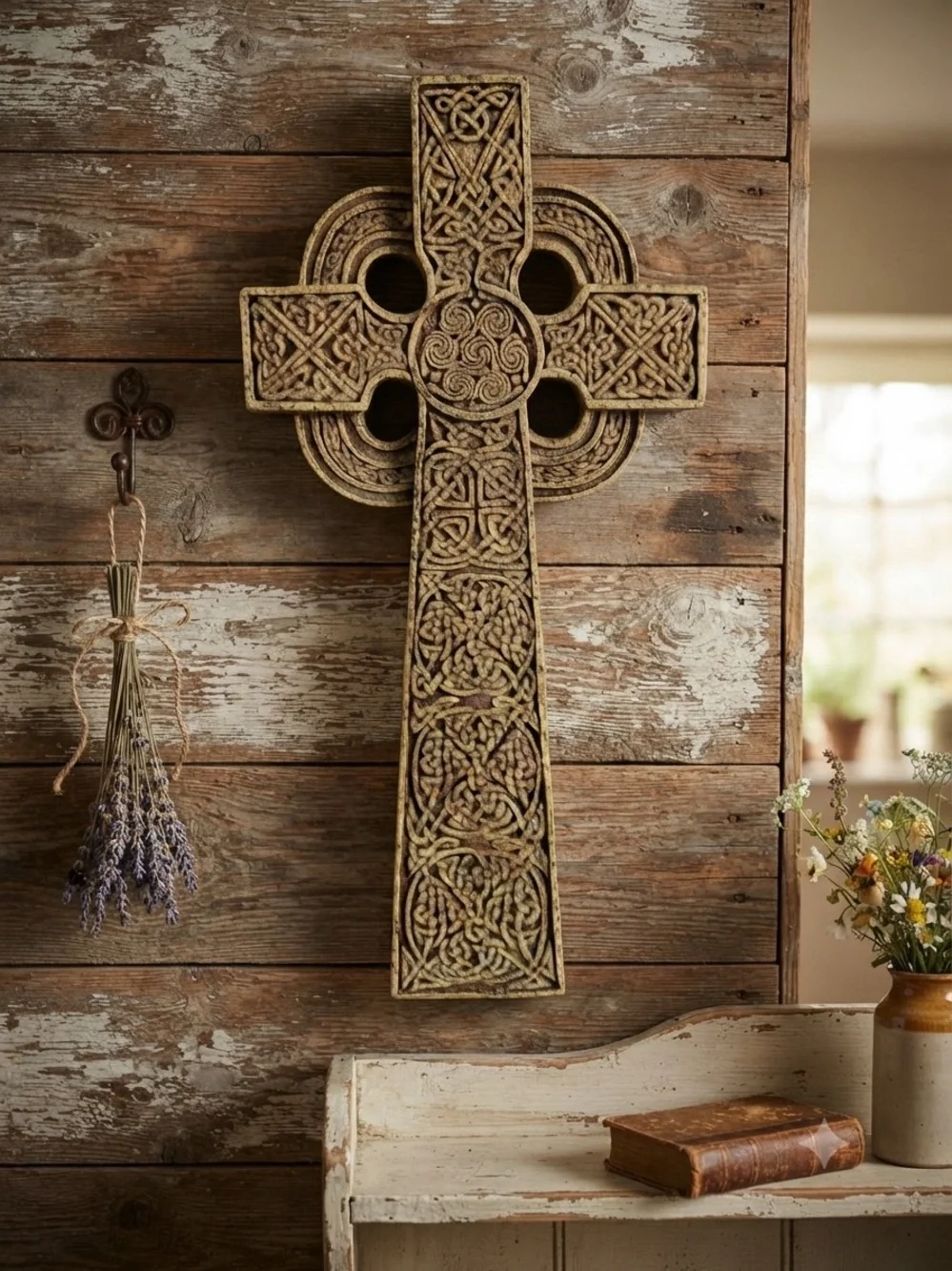 Rustic Muthill Celtic Cross plaque- Decorative Brown Home Wall Decor